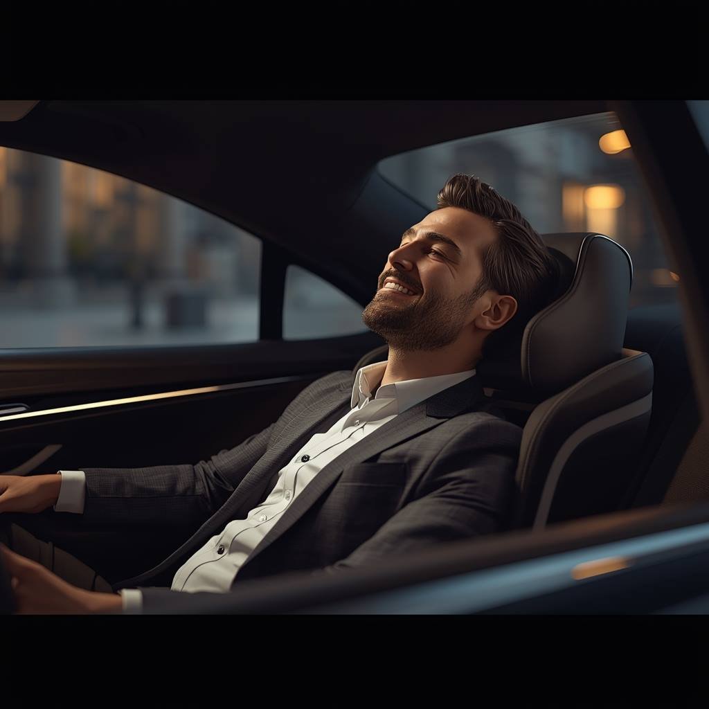 Hombre relajado disfrutando masaje en el asiento de su auto