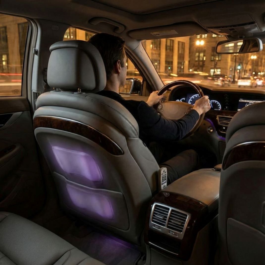 Interior de auto de lujo con iluminación cálida y masajeador encendido