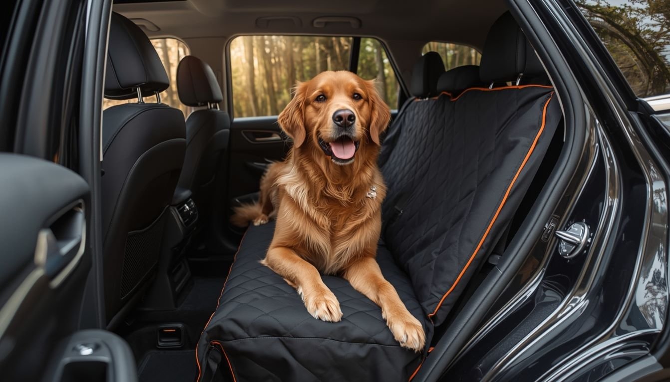 Perro viajando sobre protector para mascotas instalado en carro, tela Oxford negra impermeable