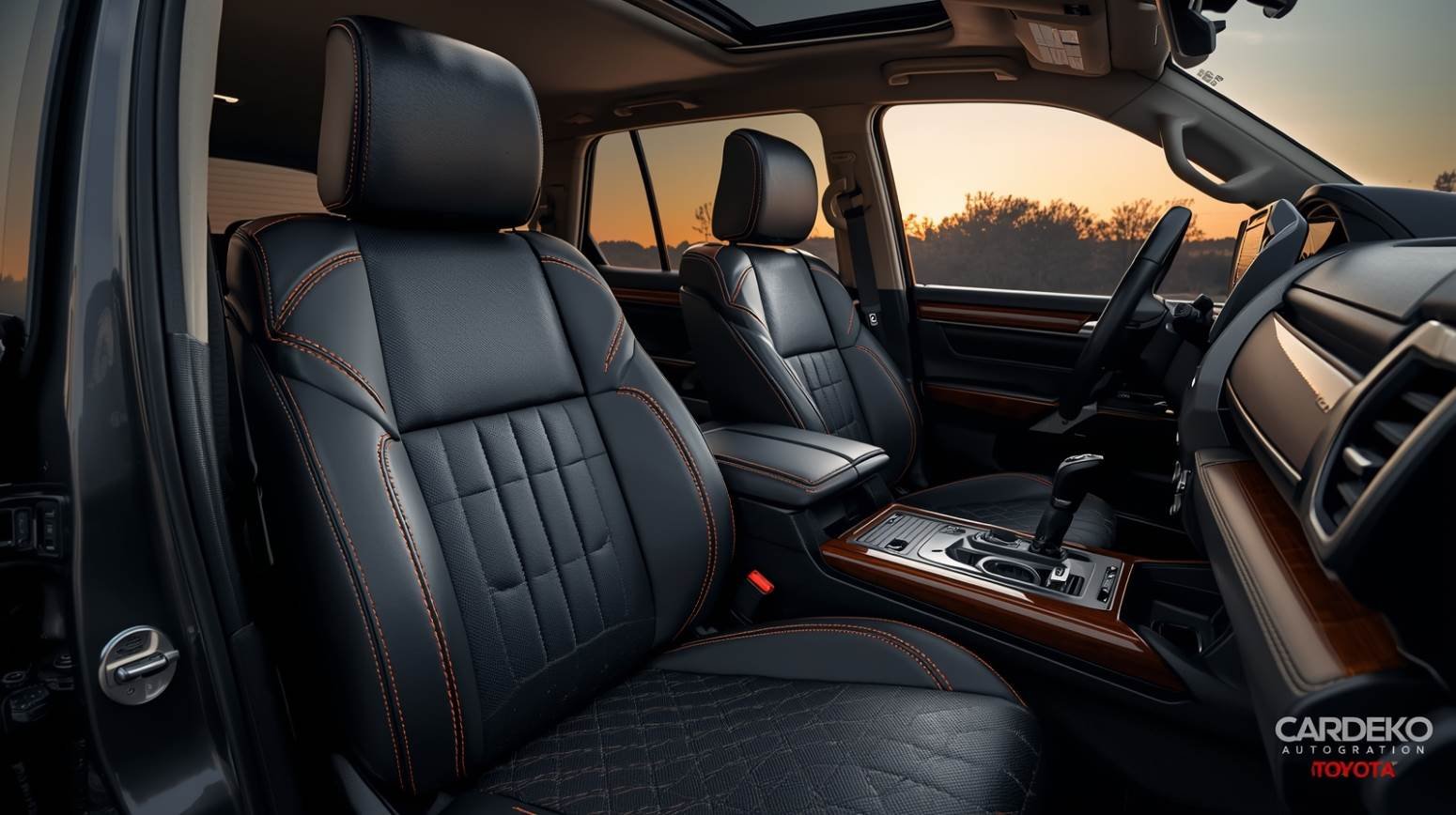 Interior completo de Toyota Prado con tapicería en cuero negro y costuras de diamante realizado por CARDEKO en Bogotá.
