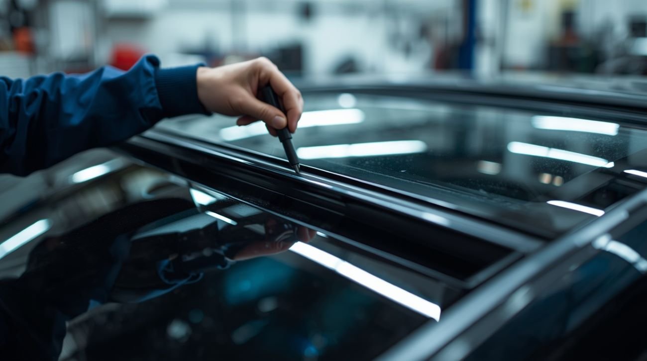 Técnico especializado realizando instalación de sunroof con sellado hermético en el taller de CARDEKO.